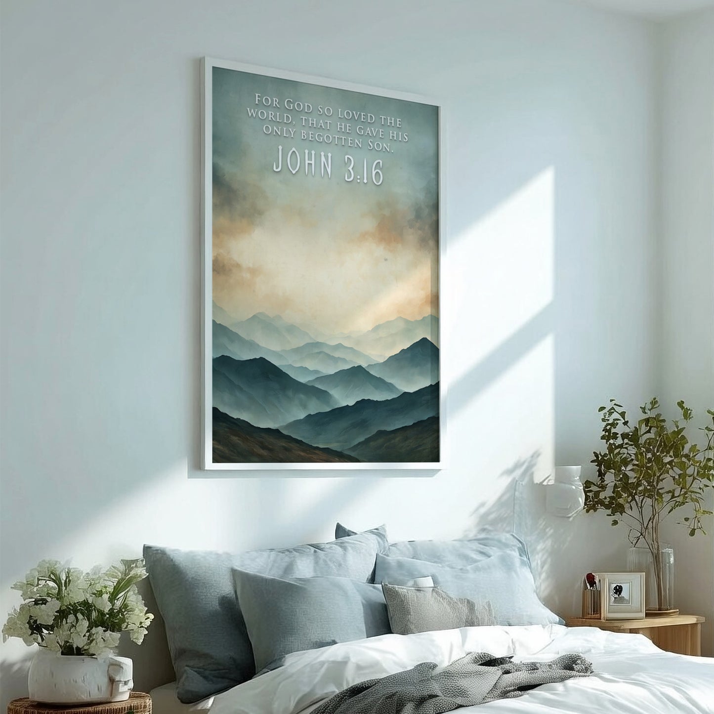 Poster of a mountain landscape with John 3:16 text in soft blue tones.
