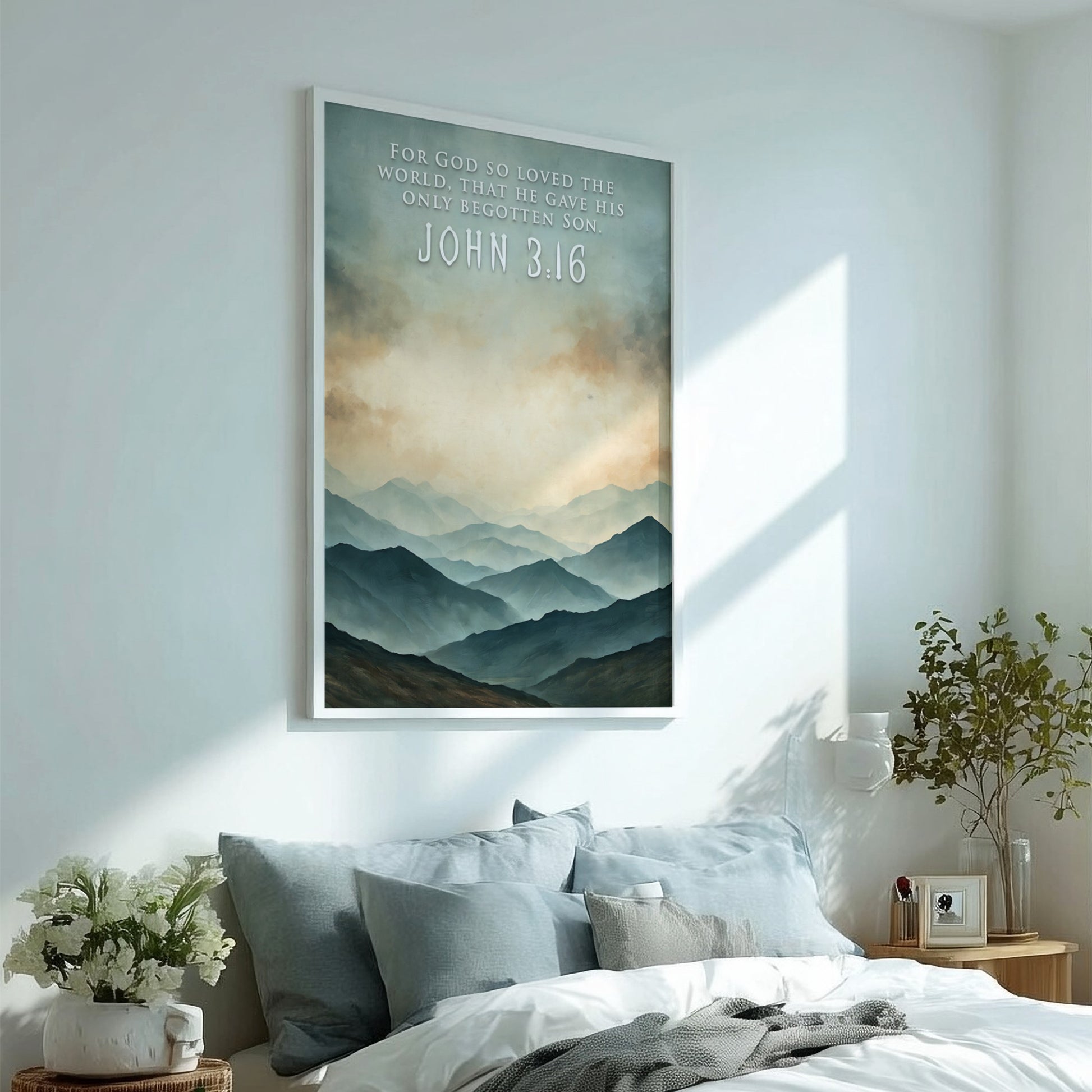 Poster of a mountain landscape with John 3:16 text in soft blue tones.