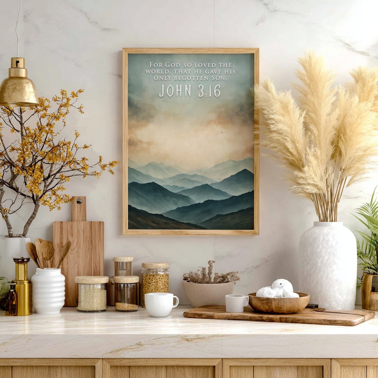 Poster of a mountain landscape with John 3:16 text in soft blue tones.