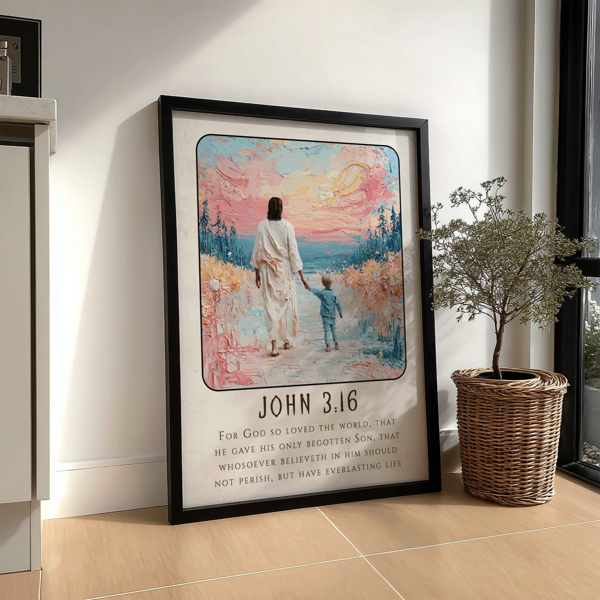 John 3:16 poster featuring a figure and child on a beach, soft pastel colors, religion wall art