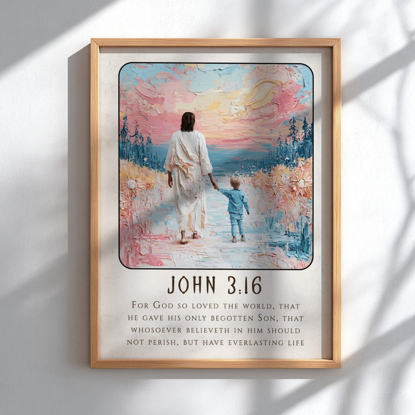 John 3:16 poster featuring a figure and child on a beach, soft pastel colors, religion wall art