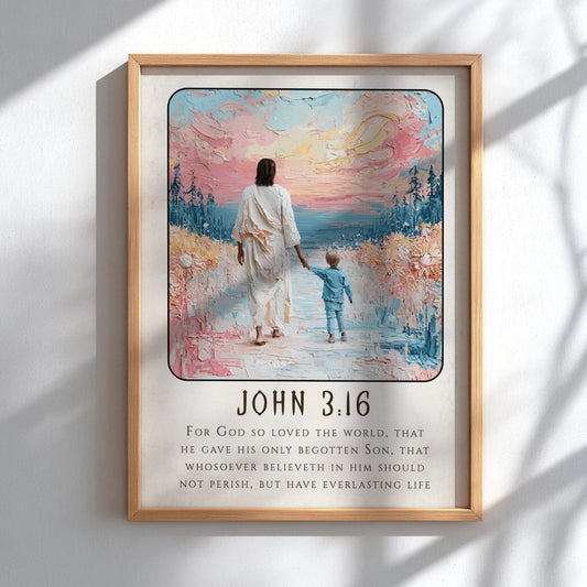 John 3:16 poster featuring a figure and child on a beach, soft pastel colors, religion wall art