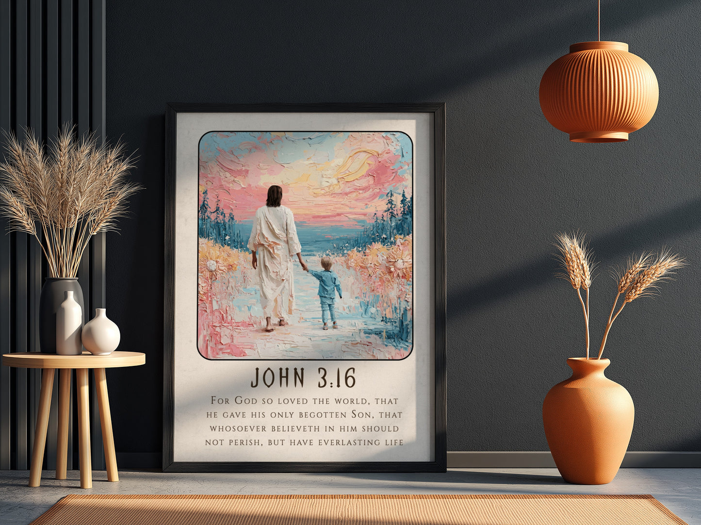 John 3:16 poster featuring a figure and child on a beach, soft pastel colors, religion wall art