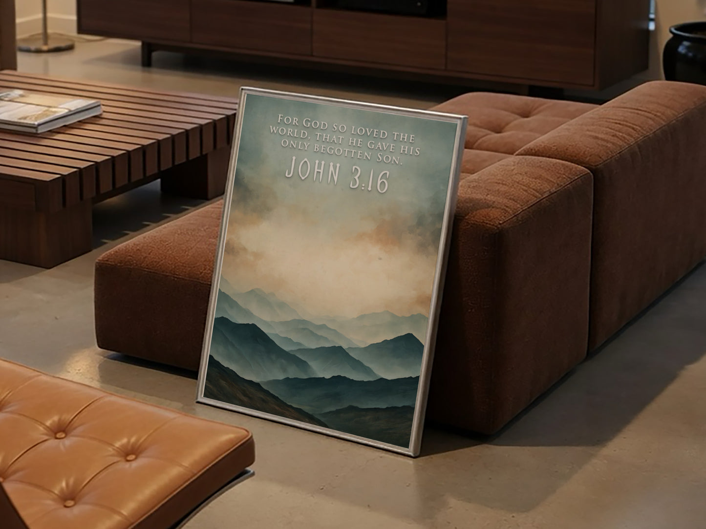 Poster of a mountain landscape with John 3:16 text in soft blue tones.