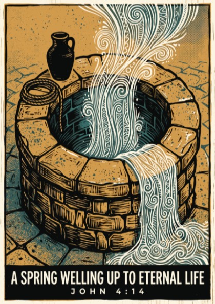 Poster featuring a stone well with flowing water and the quote John 4:14