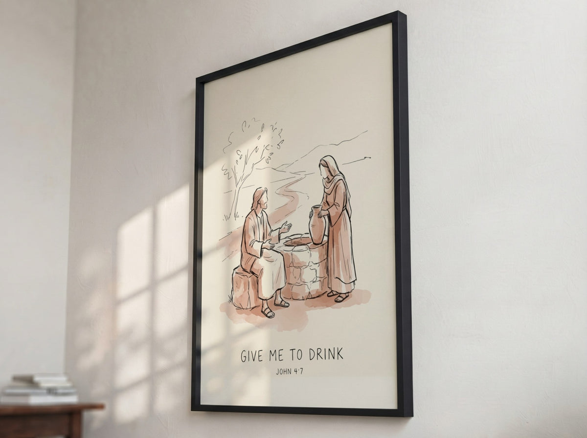 Poster featuring a minimalist illustration of Jesus at a well with the text displayed.