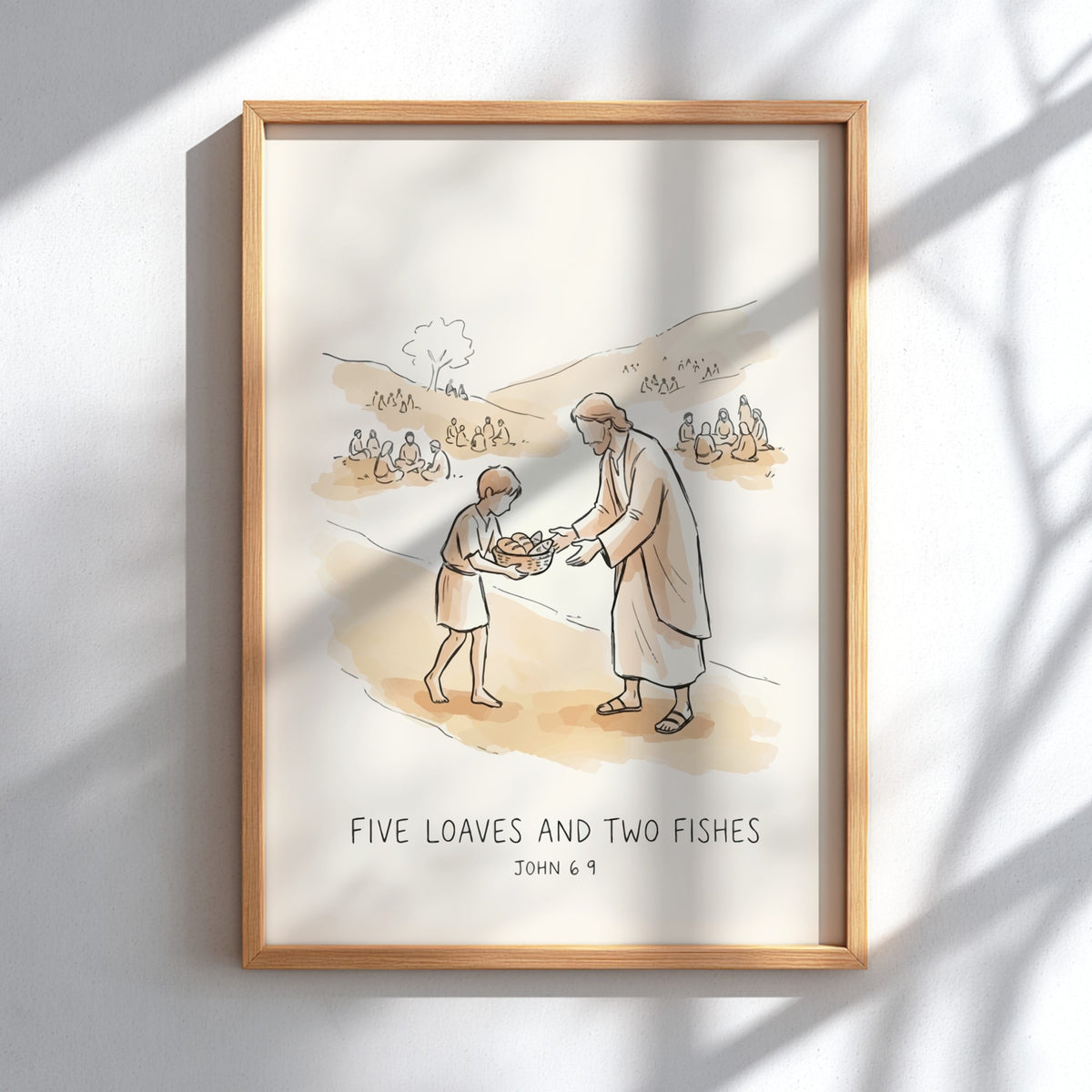Poster featuring a hand-drawn illustration of Five Loaves and Two Fishes in earth tones.