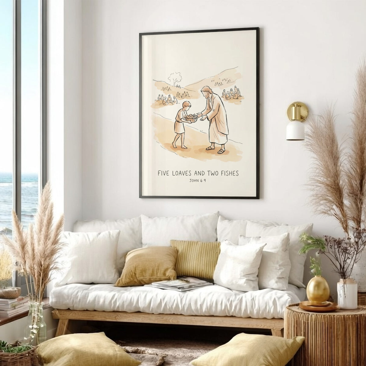 Poster featuring a hand-drawn illustration of Five Loaves and Two Fishes in earth tones.