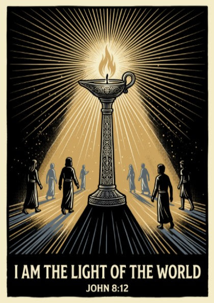 Poster featuring an ornate golden oil lamp radiating light to silhouettes on black