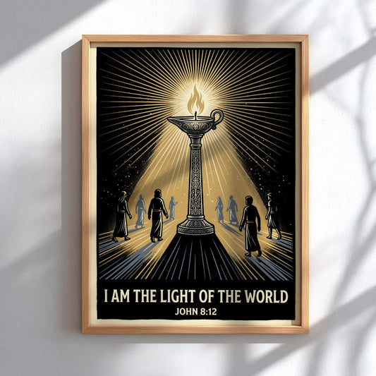 Poster featuring an ornate golden oil lamp radiating light to silhouettes on black