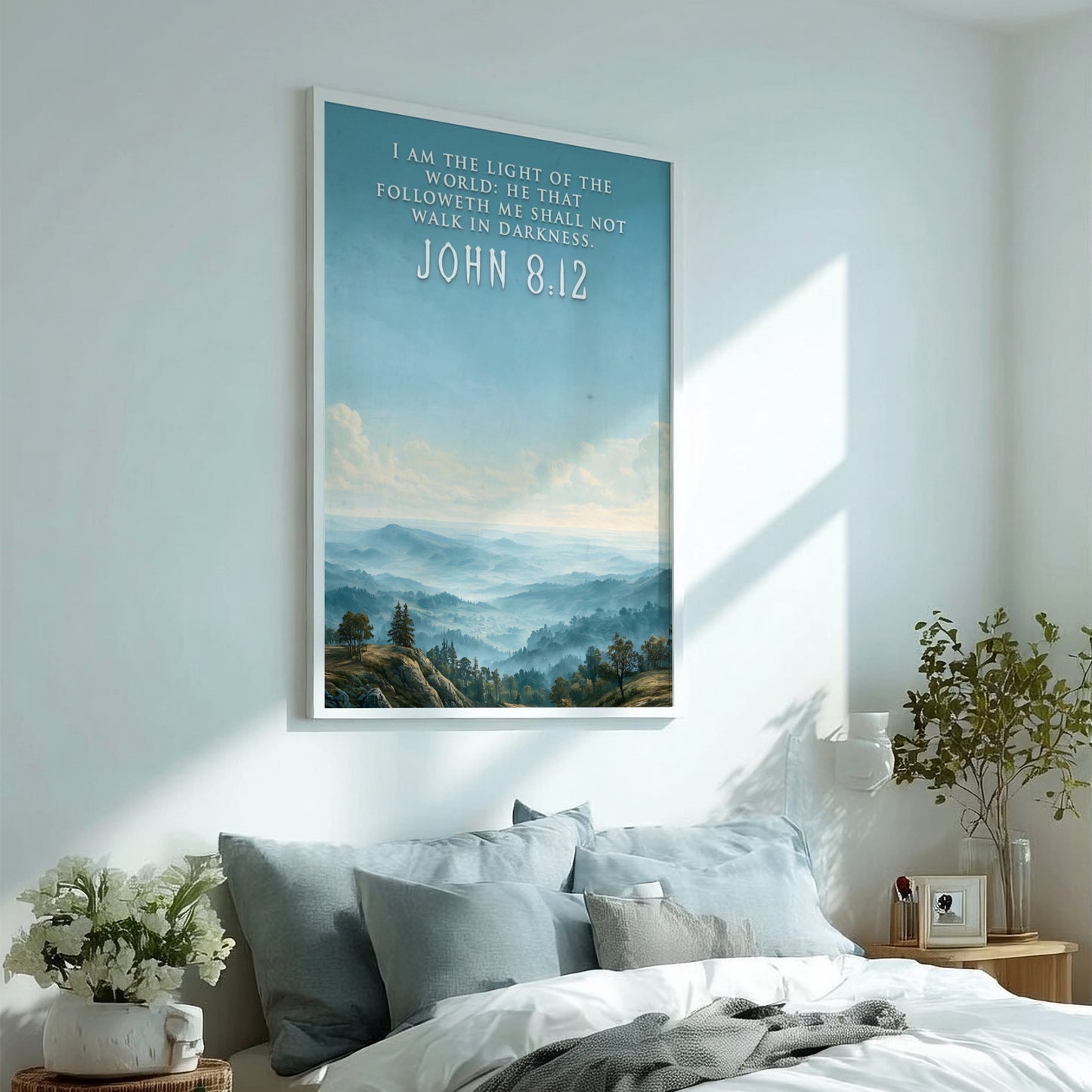 Poster featuring a misty mountain landscape with the quote I am the light.