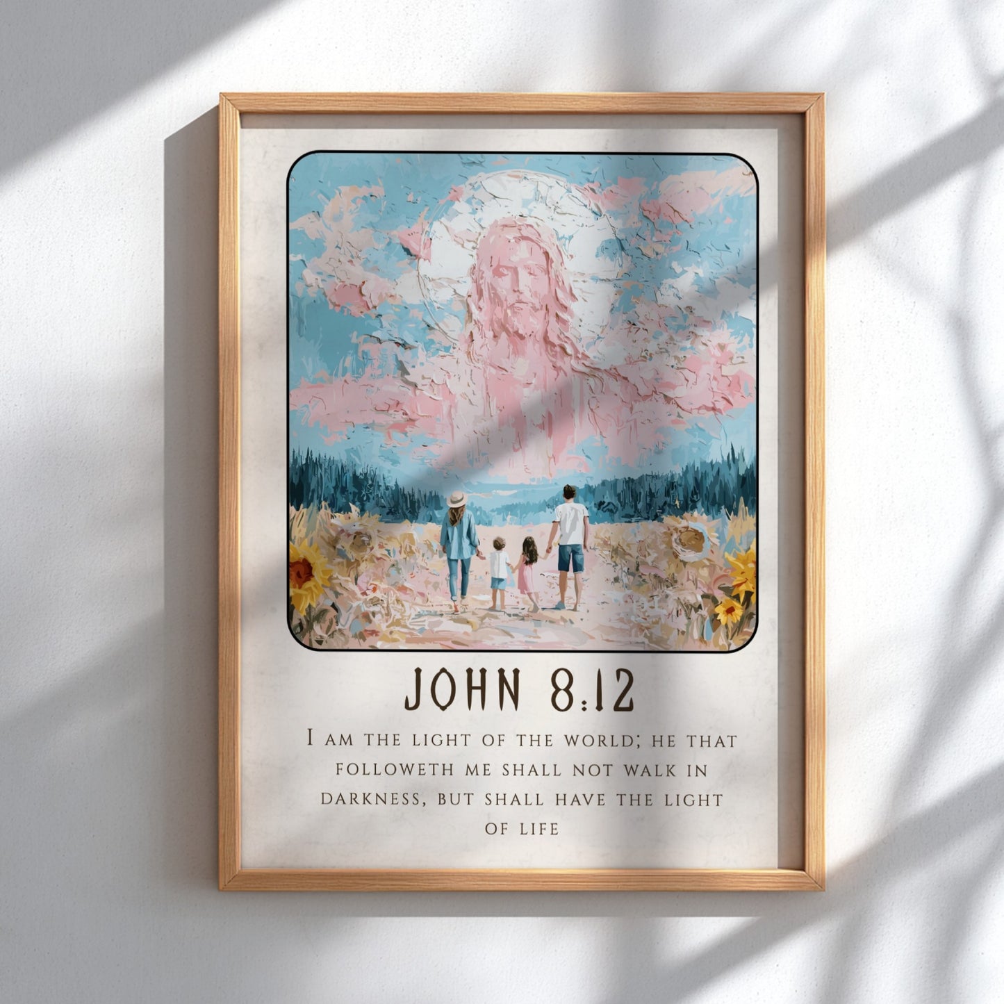 John 8:12 poster featuring serene light and landscape, inspirational Christian wall art in soft pastel colors