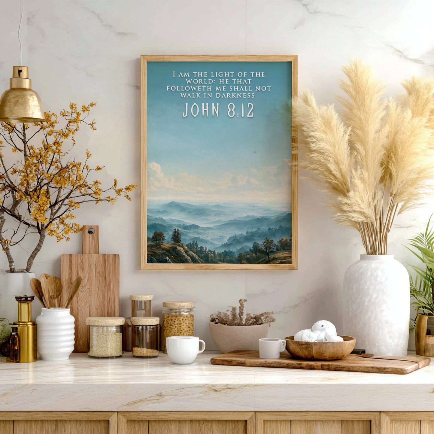 Poster featuring a misty mountain landscape with the quote I am the light.