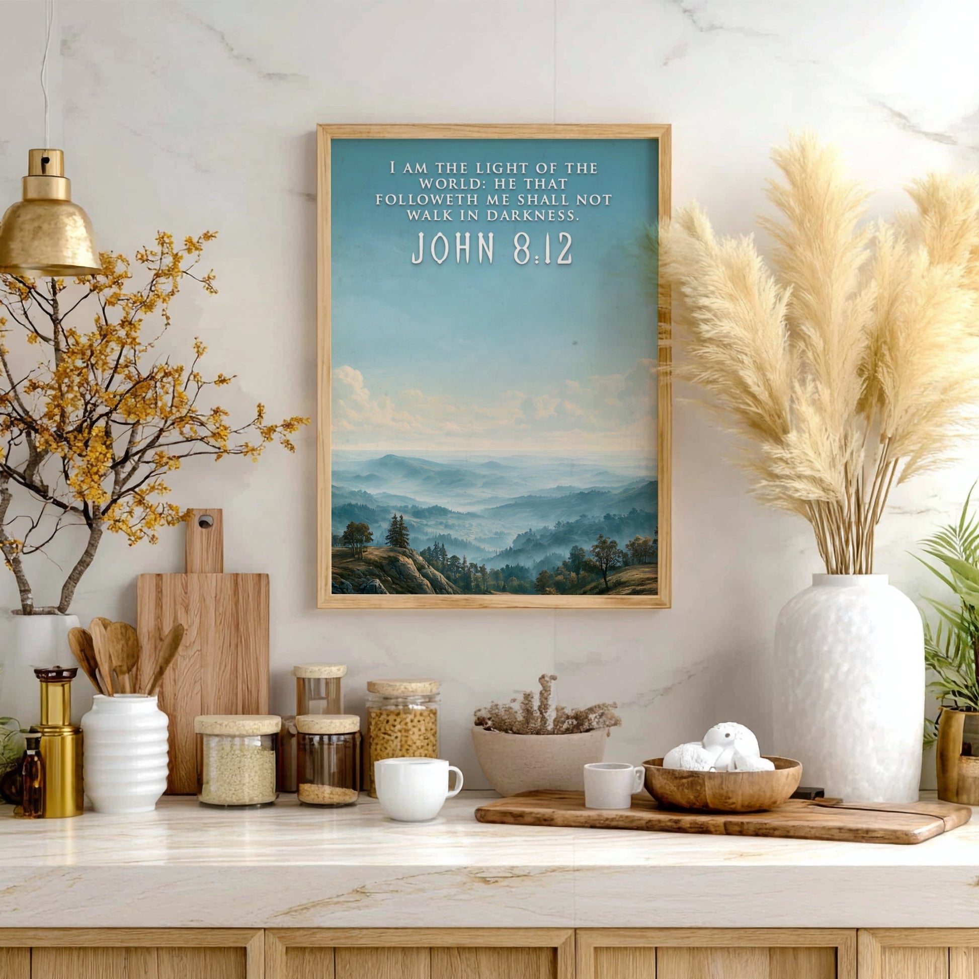 Poster featuring a misty mountain landscape with the quote I am the light.