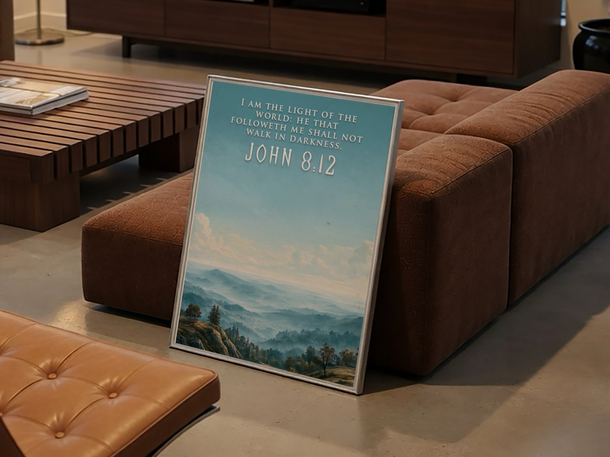Poster featuring a misty mountain landscape with the quote I am the light.