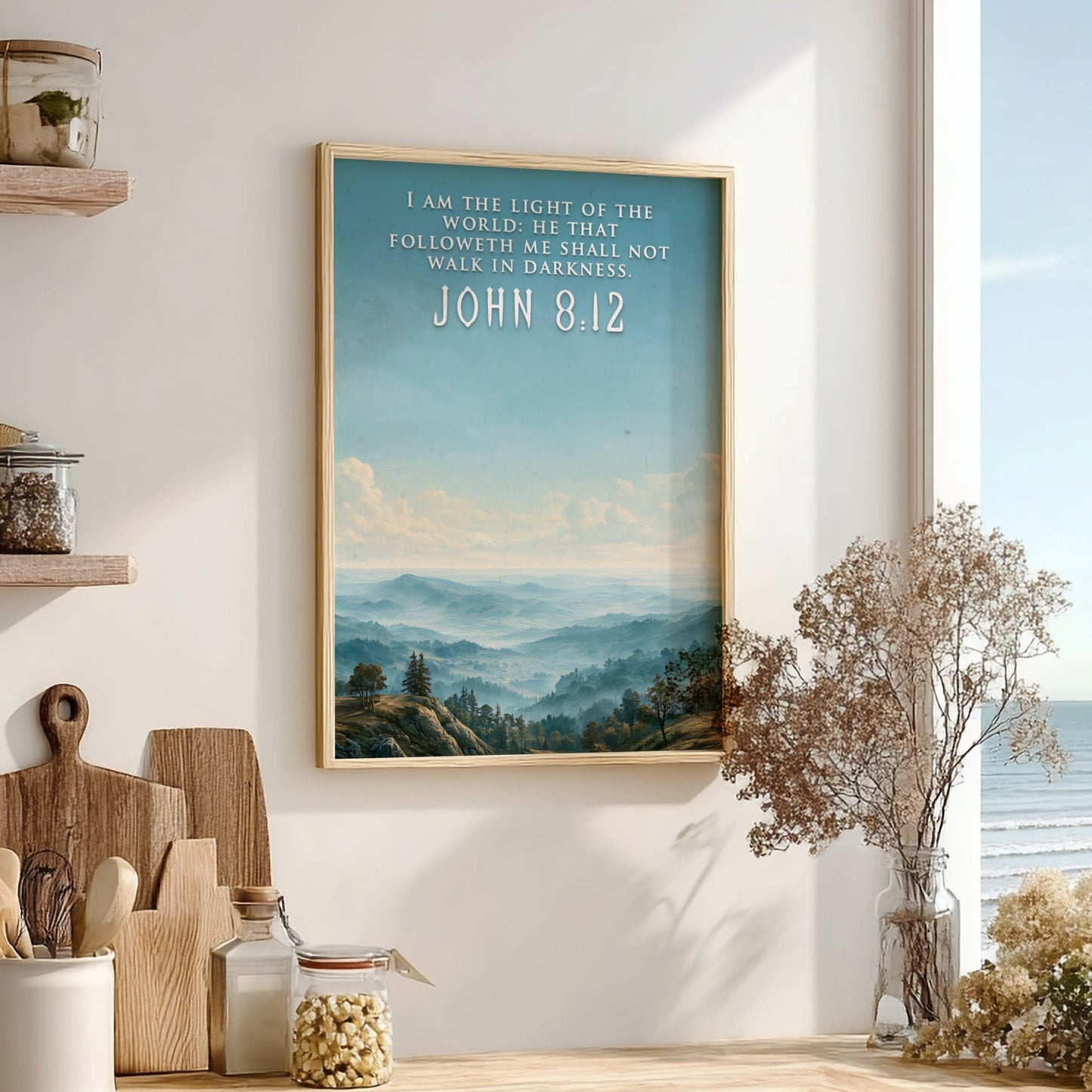 Poster featuring a misty mountain landscape with the quote I am the light.