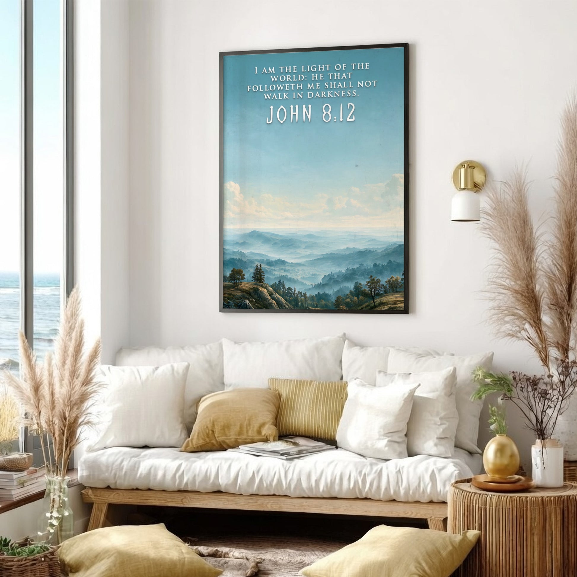 Poster featuring a misty mountain landscape with the quote I am the light.