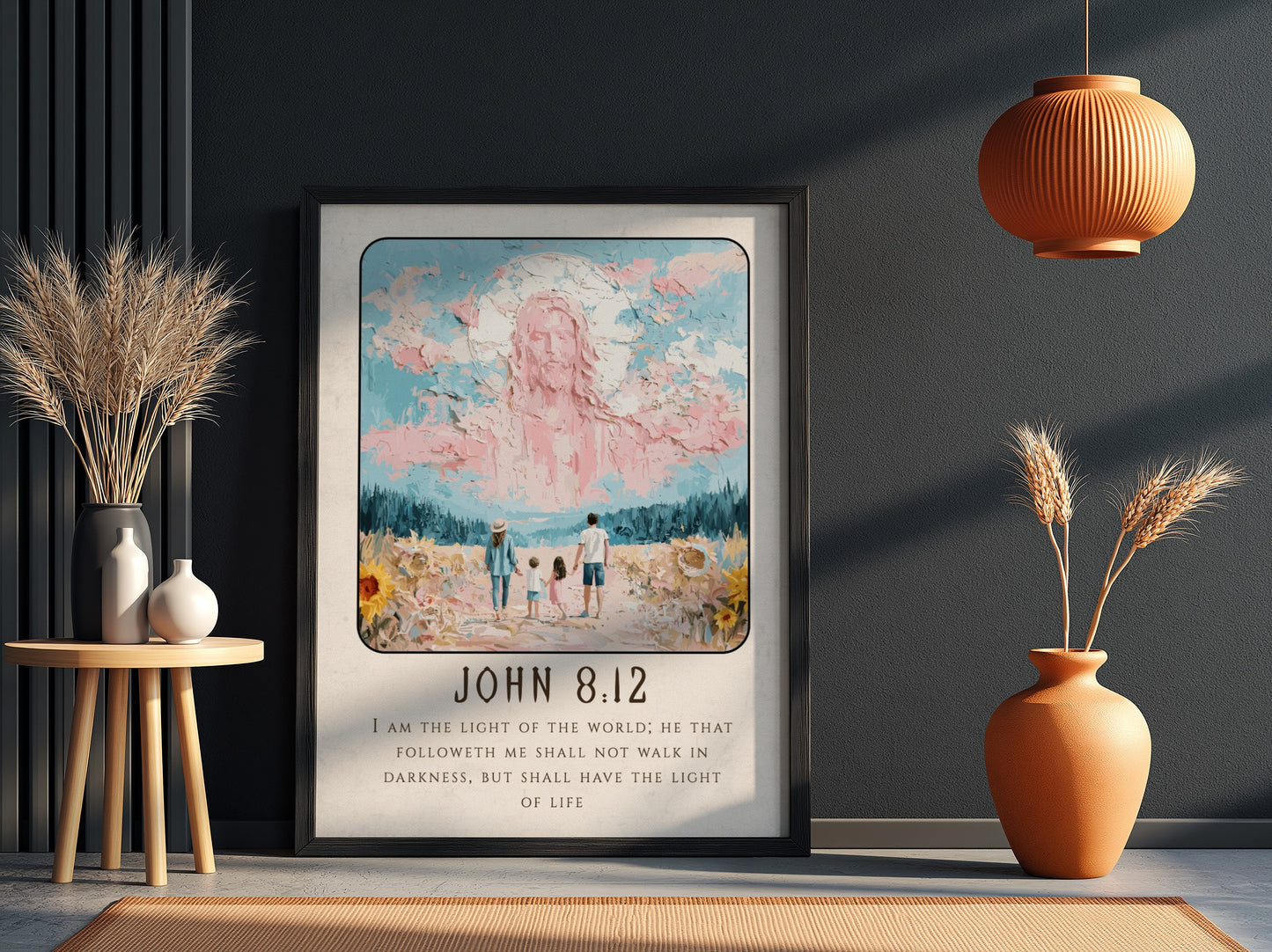 John 8:12 poster featuring serene light and landscape, inspirational Christian wall art in soft pastel colors