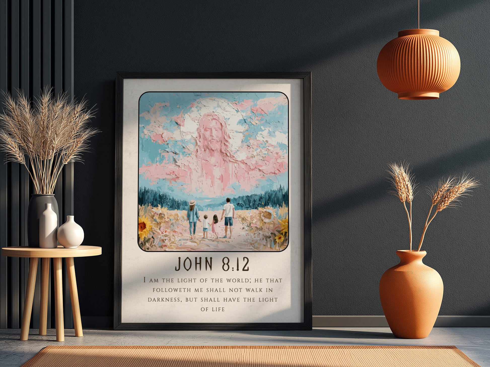 John 8:12 poster featuring serene light and landscape, inspirational Christian wall art in soft pastel colors