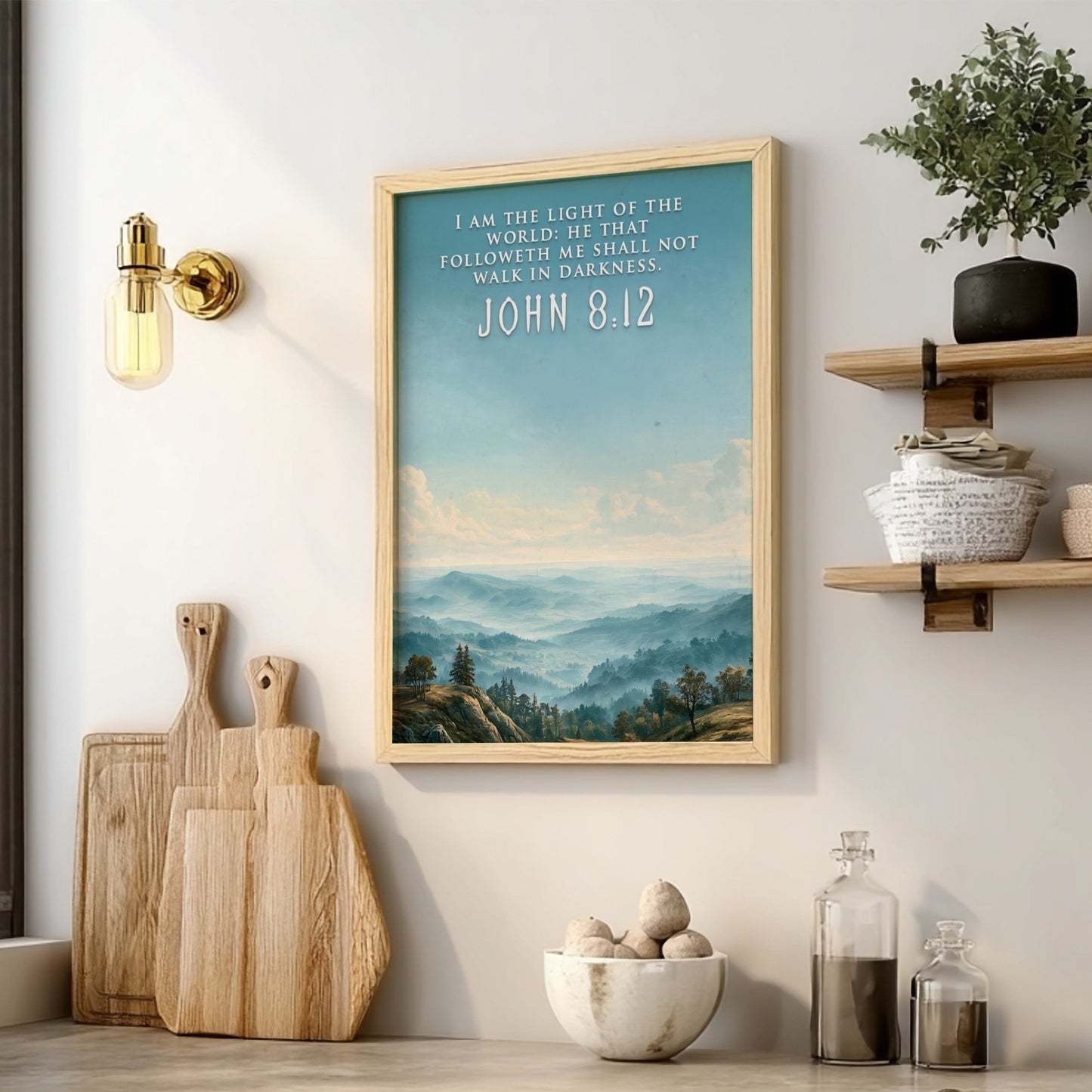 Poster featuring a misty mountain landscape with the quote I am the light.