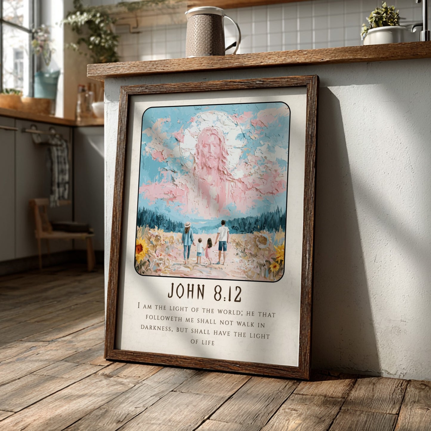 John 8:12 poster featuring serene light and landscape, inspirational Christian wall art in soft pastel colors
