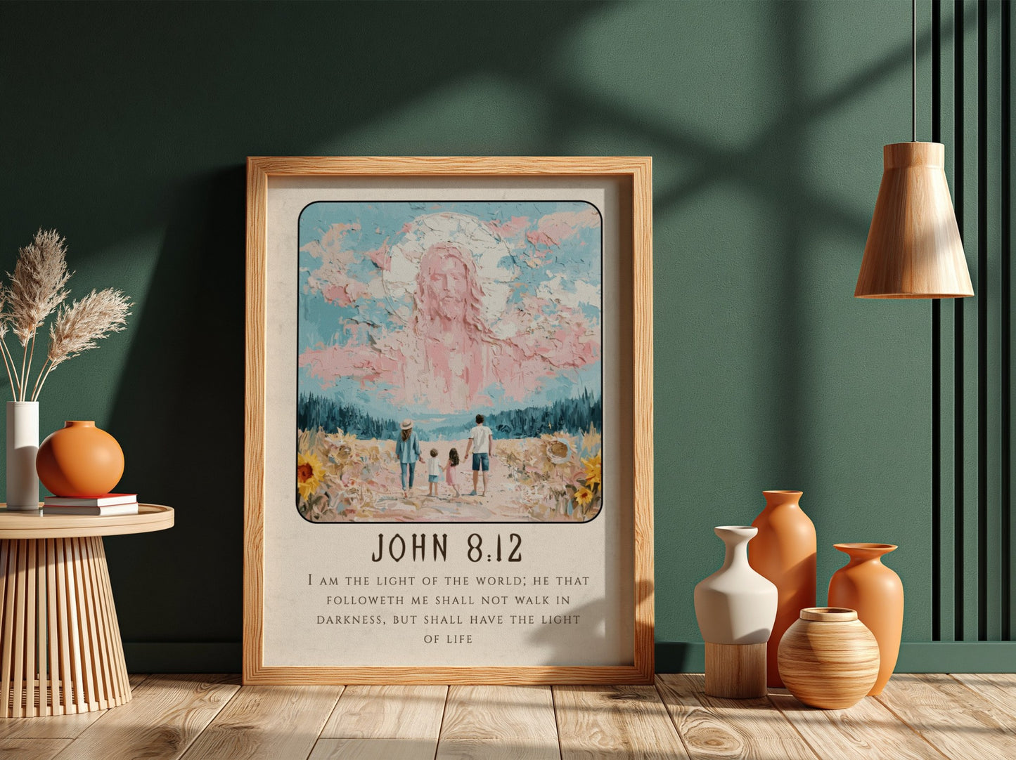 John 8:12 poster featuring serene light and landscape, inspirational Christian wall art in soft pastel colors