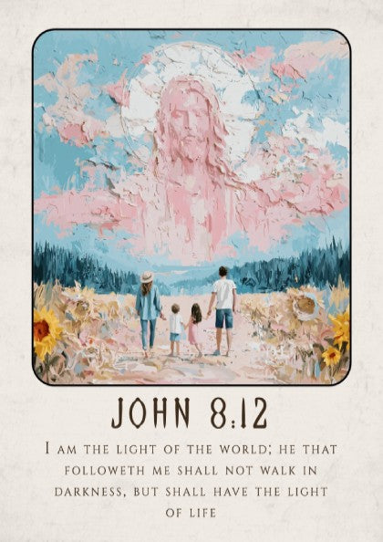 John 8:12 poster featuring serene light and landscape, inspirational Christian wall art in soft pastel colors
