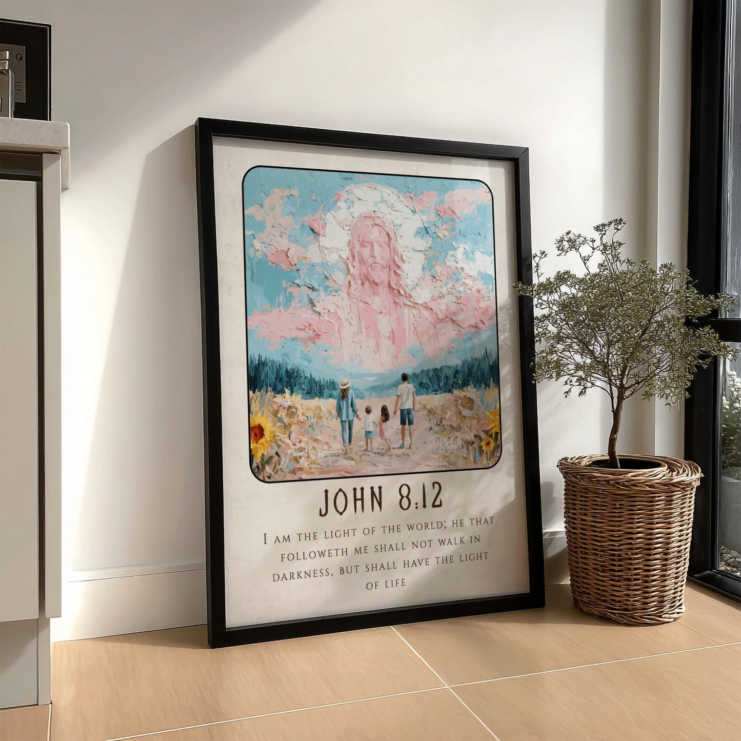 John 8:12 poster featuring serene light and landscape, inspirational Christian wall art in soft pastel colors