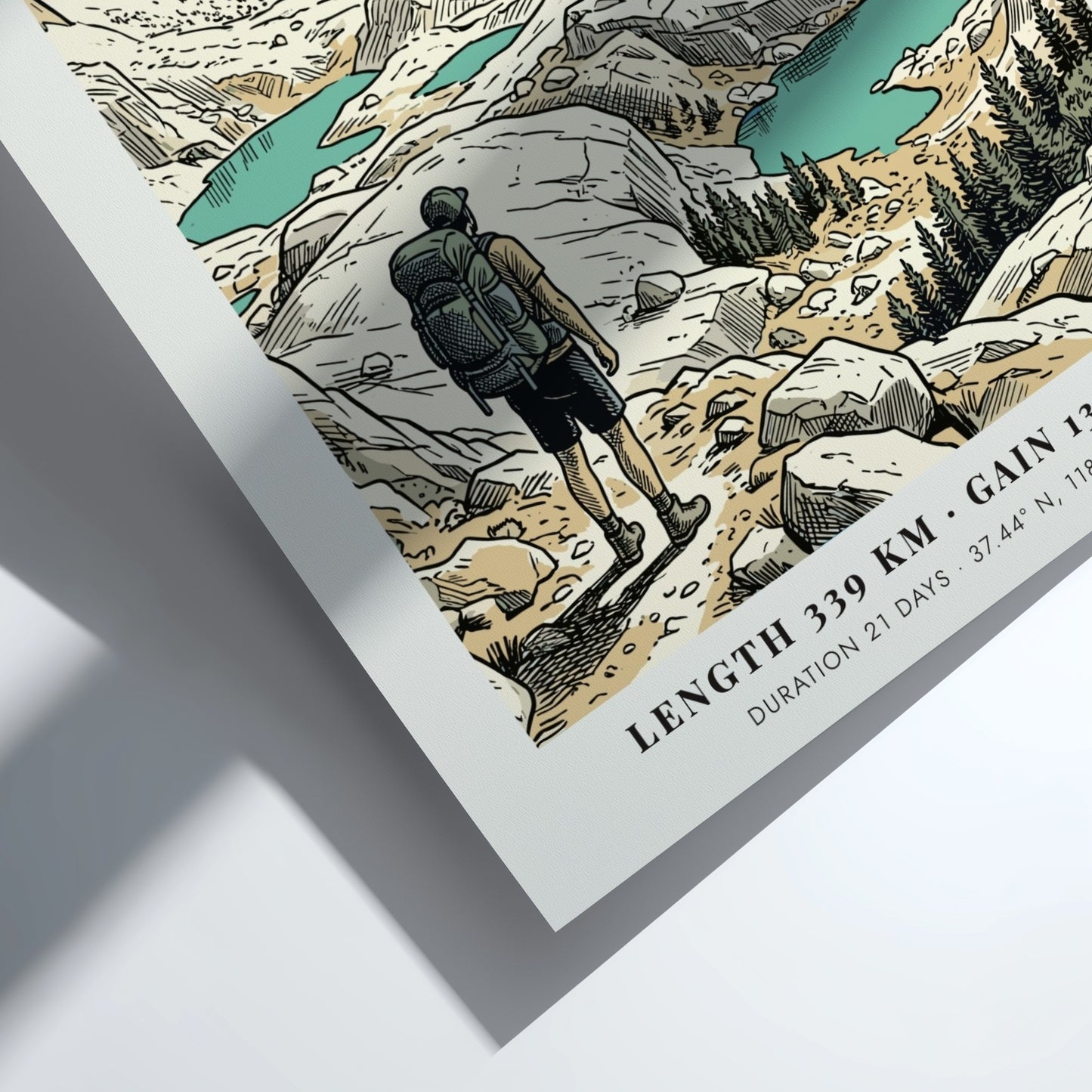 Poster of the John Muir Trail showing a hiker looking at alpine lakes.