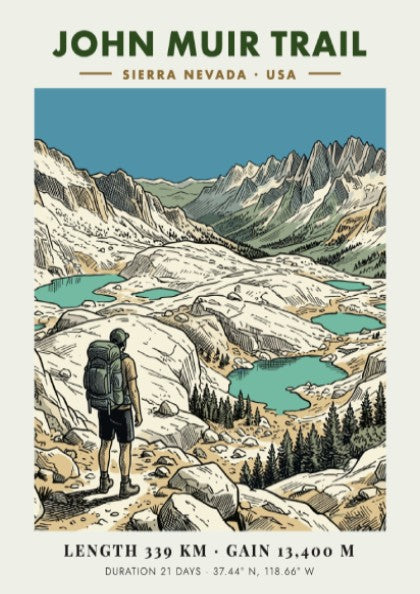 Poster of the John Muir Trail showing a hiker looking at alpine lakes.