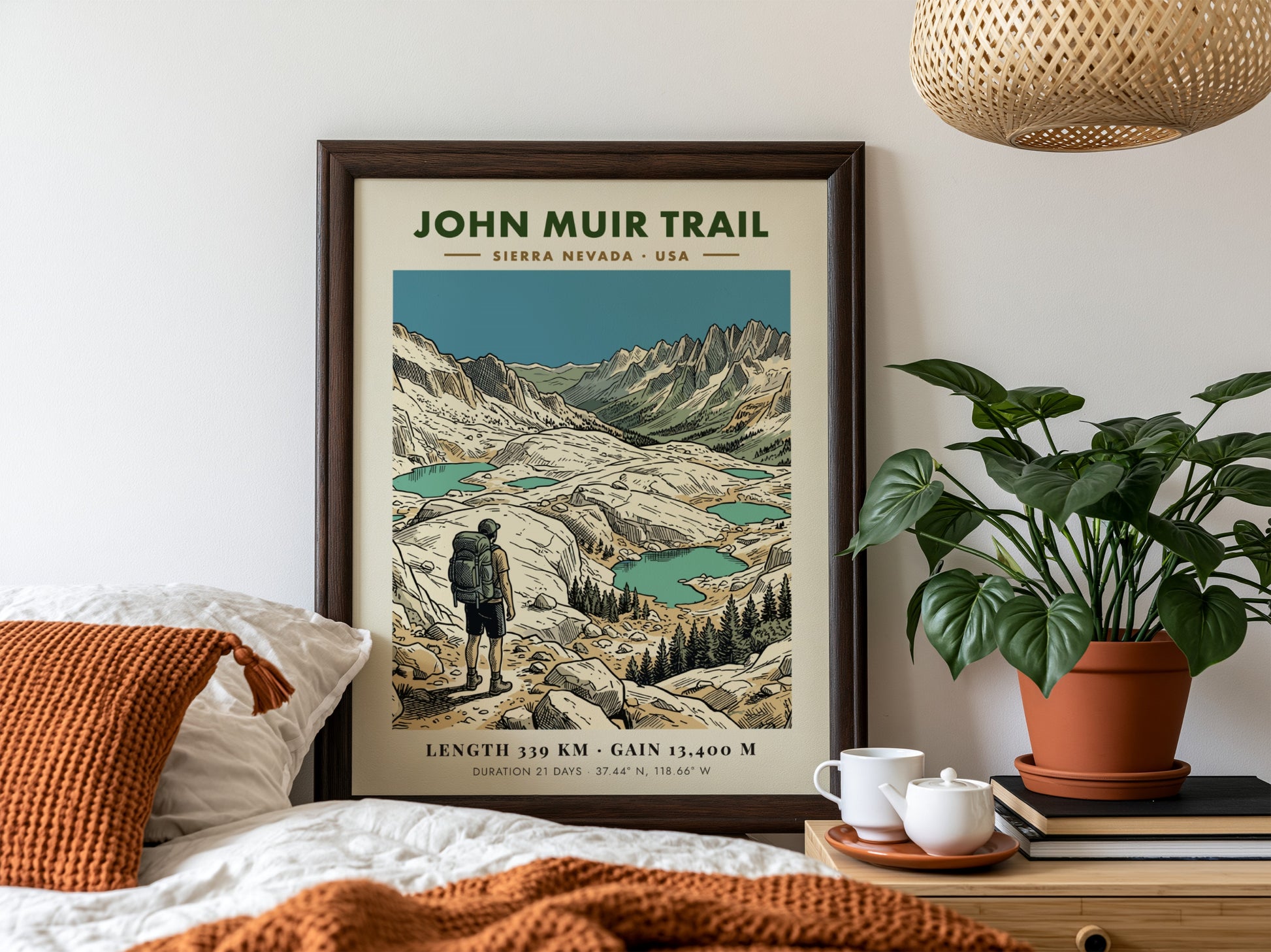 Poster of the John Muir Trail showing a hiker looking at alpine lakes.