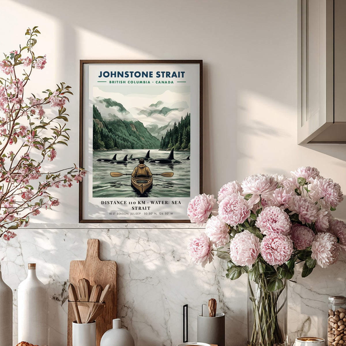 Poster featuring a kayaker paddling among orcas in the Johnstone Strait, British Columbia.