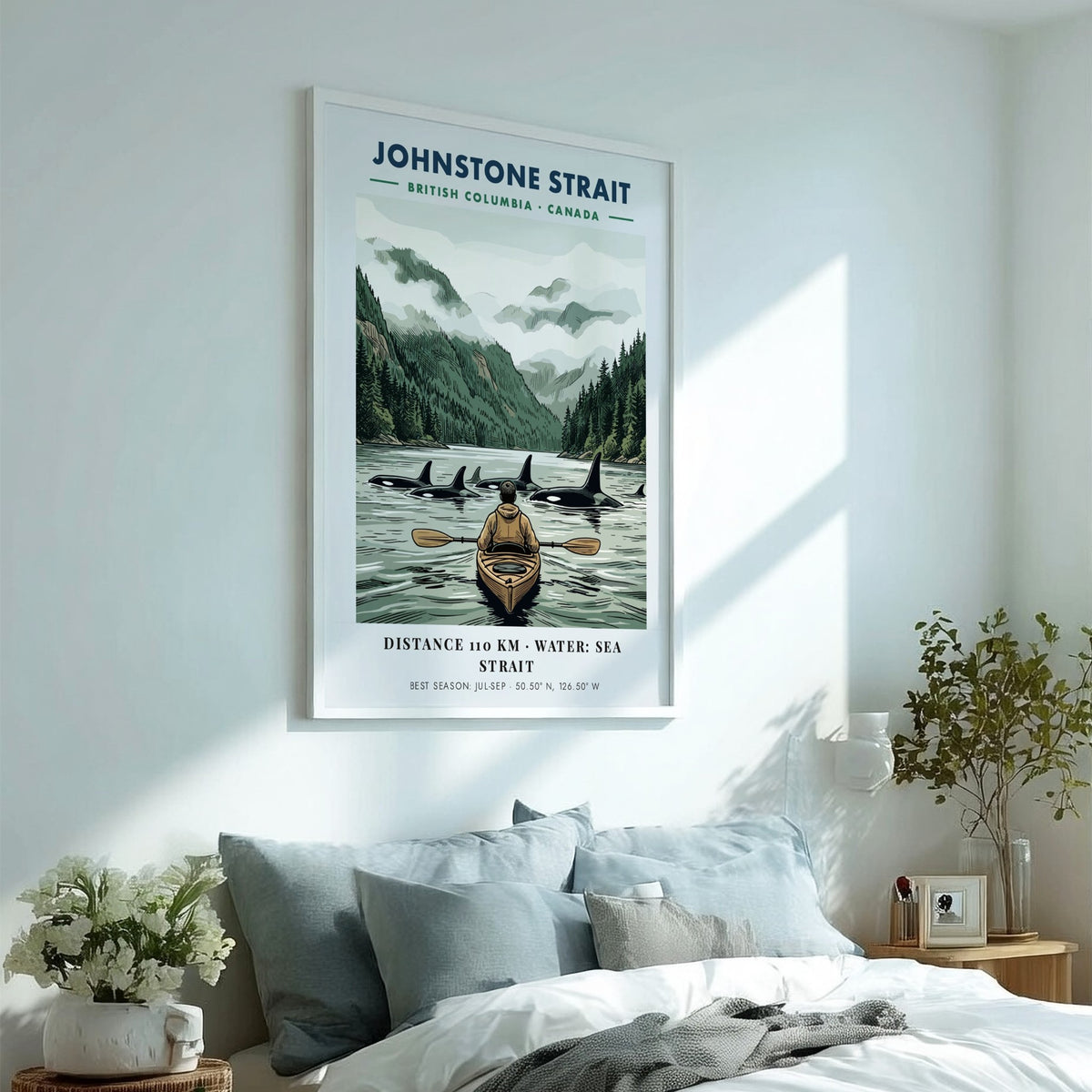 Poster featuring a kayaker paddling among orcas in the Johnstone Strait, British Columbia.