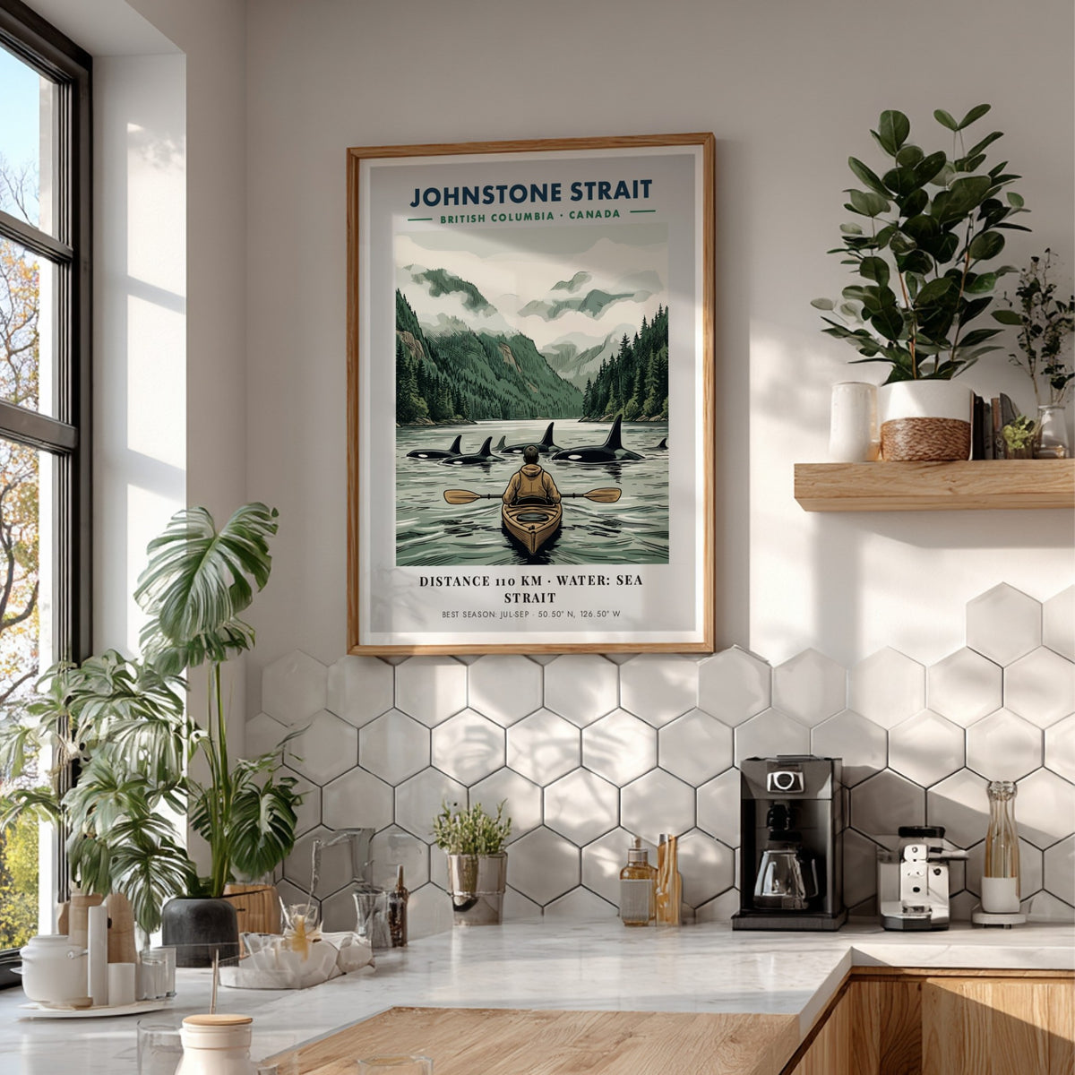 Poster featuring a kayaker paddling among orcas in the Johnstone Strait, British Columbia.