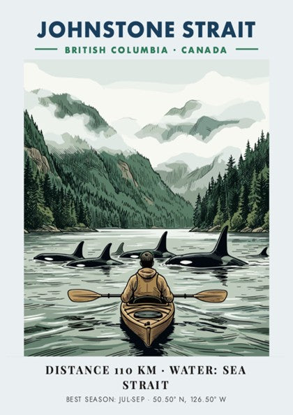 Poster featuring a kayaker paddling among orcas in the Johnstone Strait, British Columbia.
