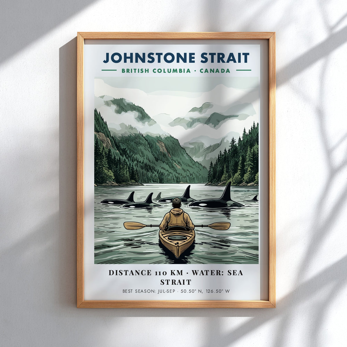 Poster featuring a kayaker paddling among orcas in the Johnstone Strait, British Columbia.