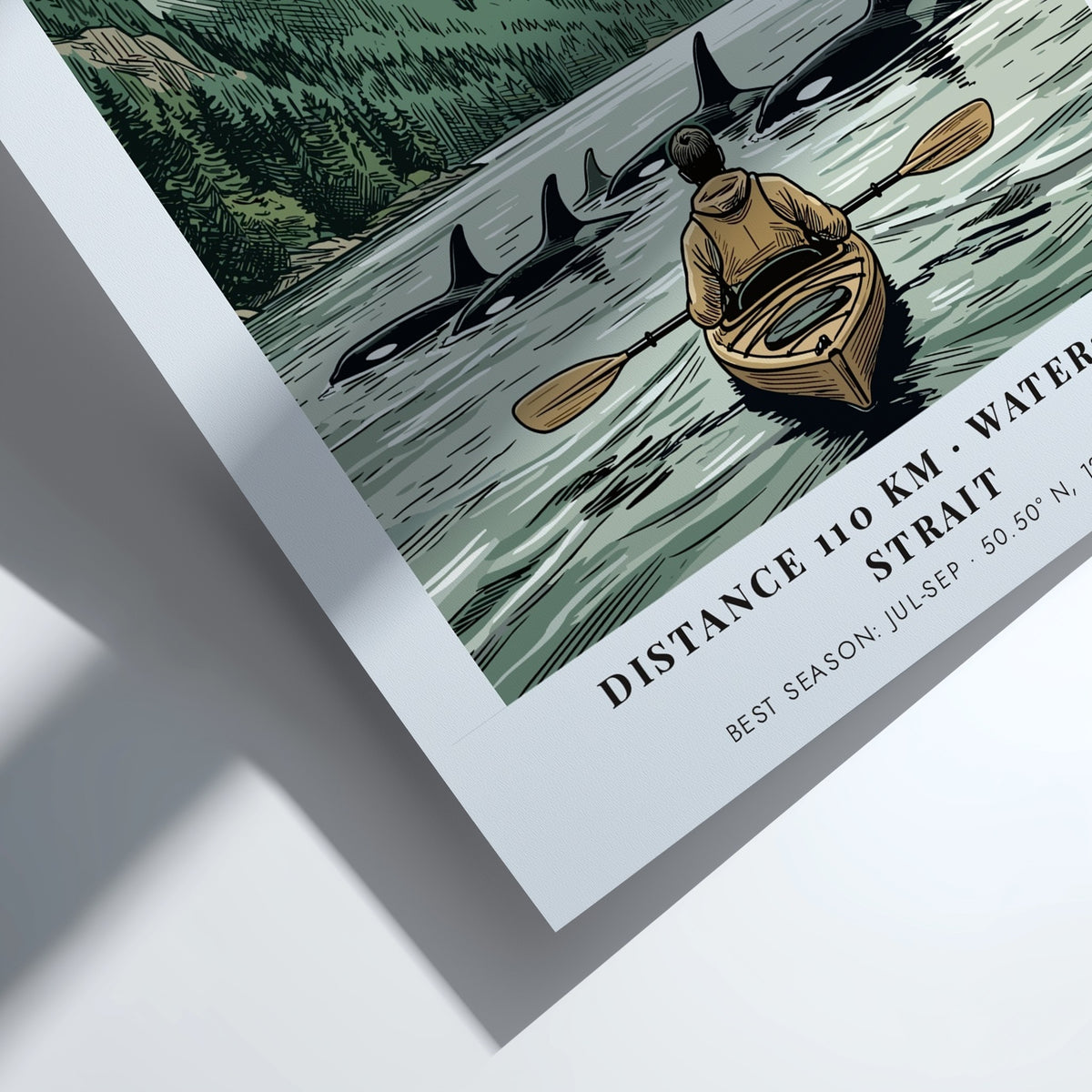 Poster featuring a kayaker paddling among orcas in the Johnstone Strait, British Columbia.