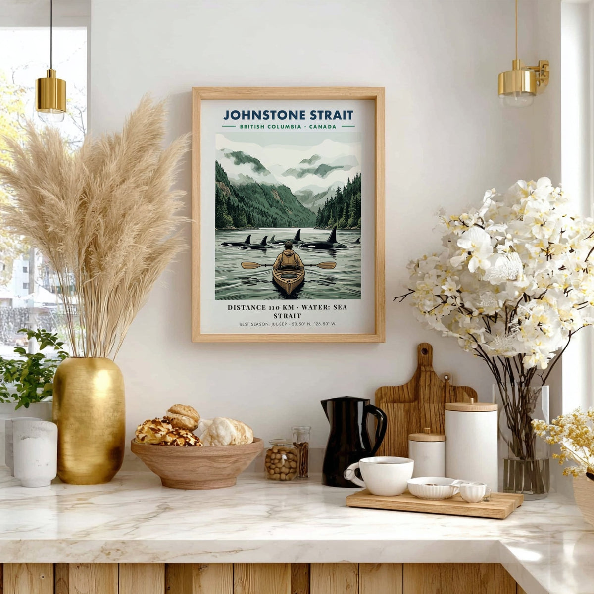Poster featuring a kayaker paddling among orcas in the Johnstone Strait, British Columbia.