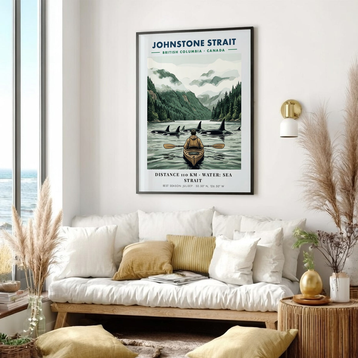 Poster featuring a kayaker paddling among orcas in the Johnstone Strait, British Columbia.