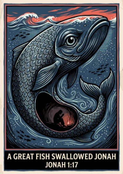 Poster featuring a large fish swallowing Jonah in a dark woodcut art style