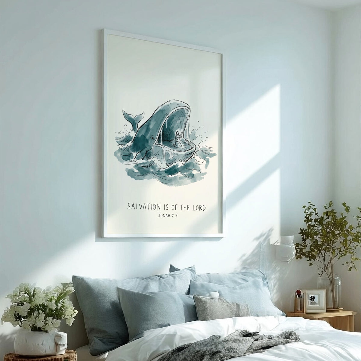 Poster showing Jonah praying inside a whale in blue watercolour on cream background