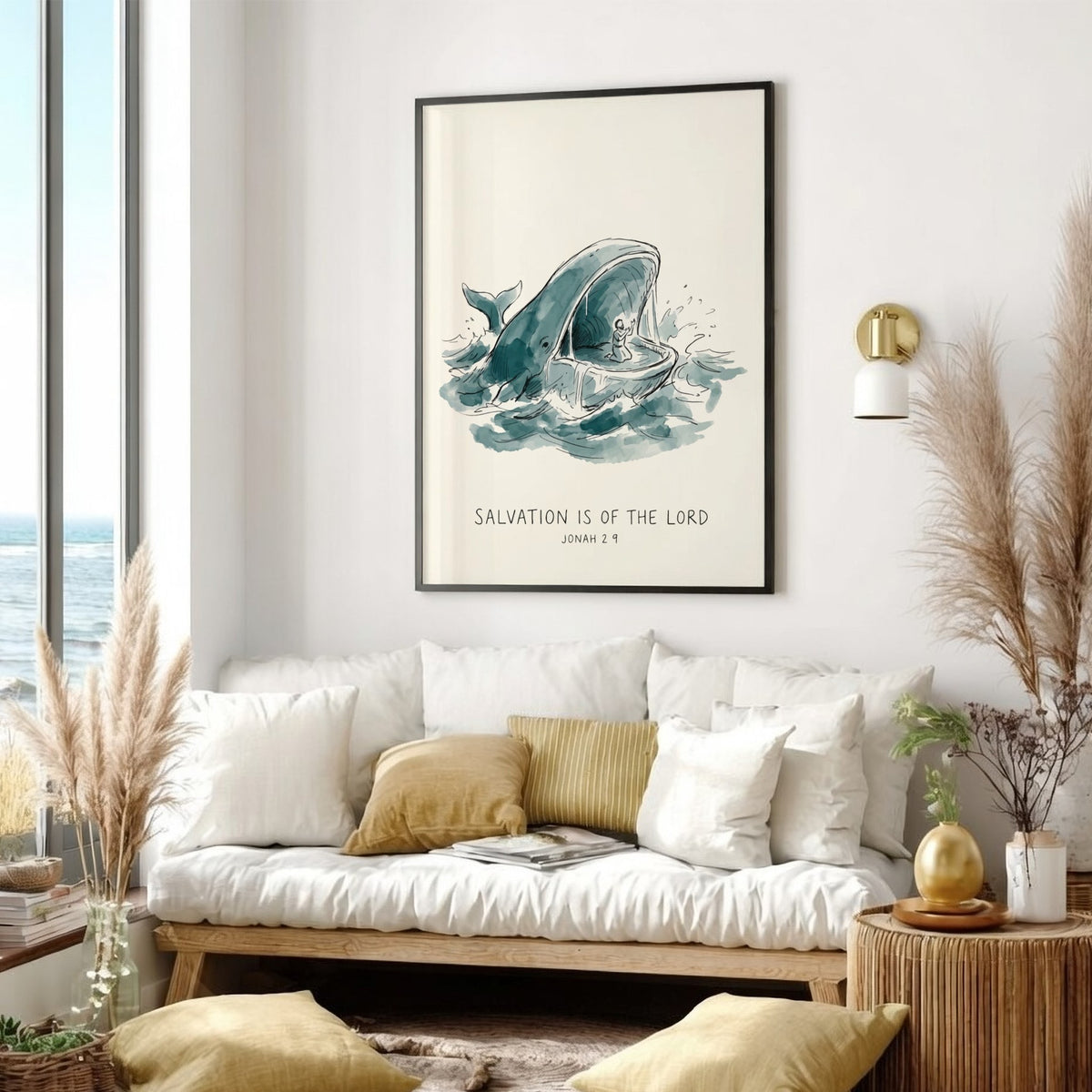Poster showing Jonah praying inside a whale in blue watercolour on cream background