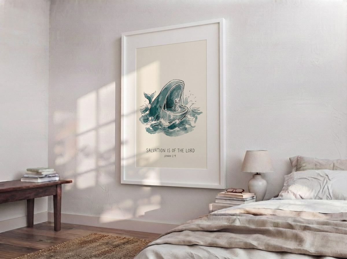 Poster showing Jonah praying inside a whale in blue watercolour on cream background