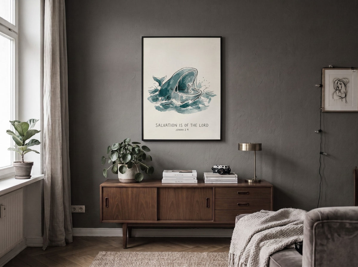 Poster showing Jonah praying inside a whale in blue watercolour on cream background