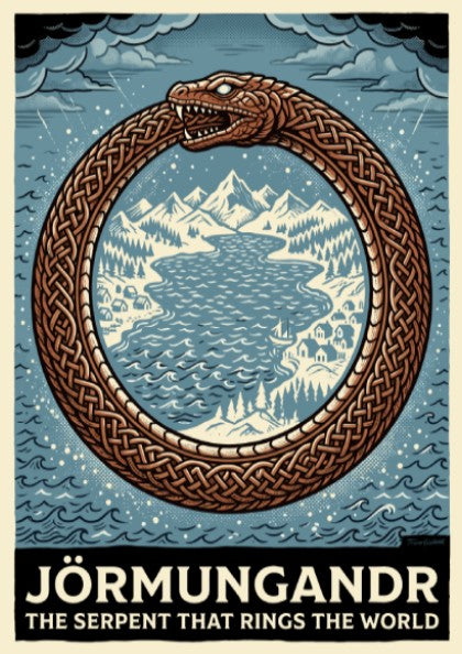 Mythology poster featuring Jörmungandr the serpent with Celtic knotwork scales encircling a landscape.