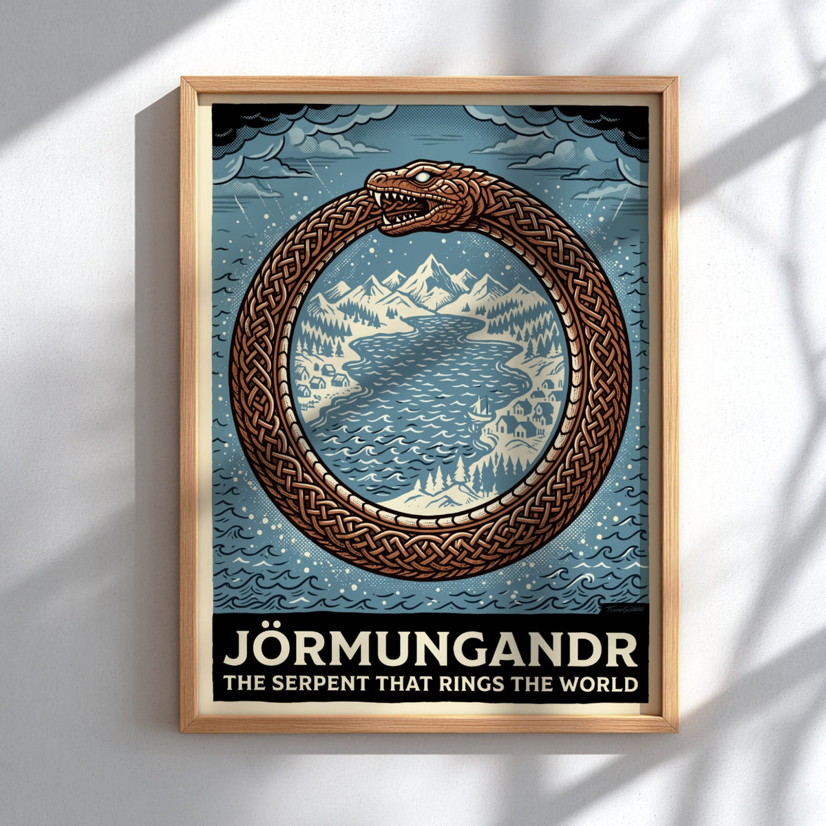 Mythology poster featuring Jörmungandr the serpent with Celtic knotwork scales encircling a landscape.