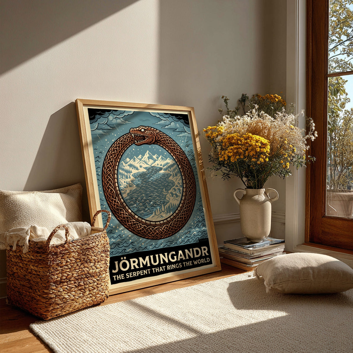 Mythology poster featuring Jörmungandr the serpent with Celtic knotwork scales encircling a landscape.