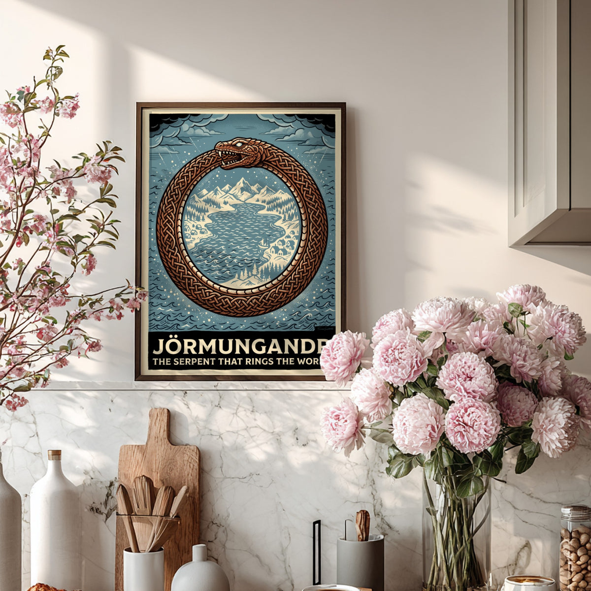 Mythology poster featuring Jörmungandr the serpent with Celtic knotwork scales encircling a landscape.