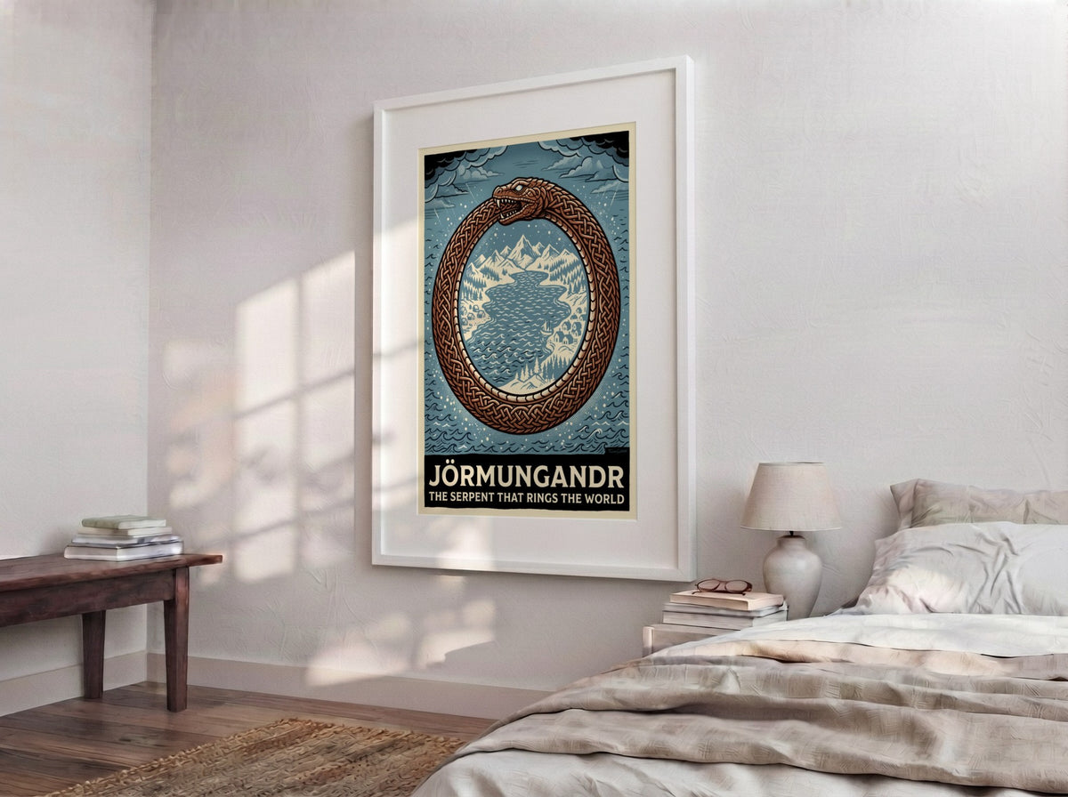 Mythology poster featuring Jörmungandr the serpent with Celtic knotwork scales encircling a landscape.