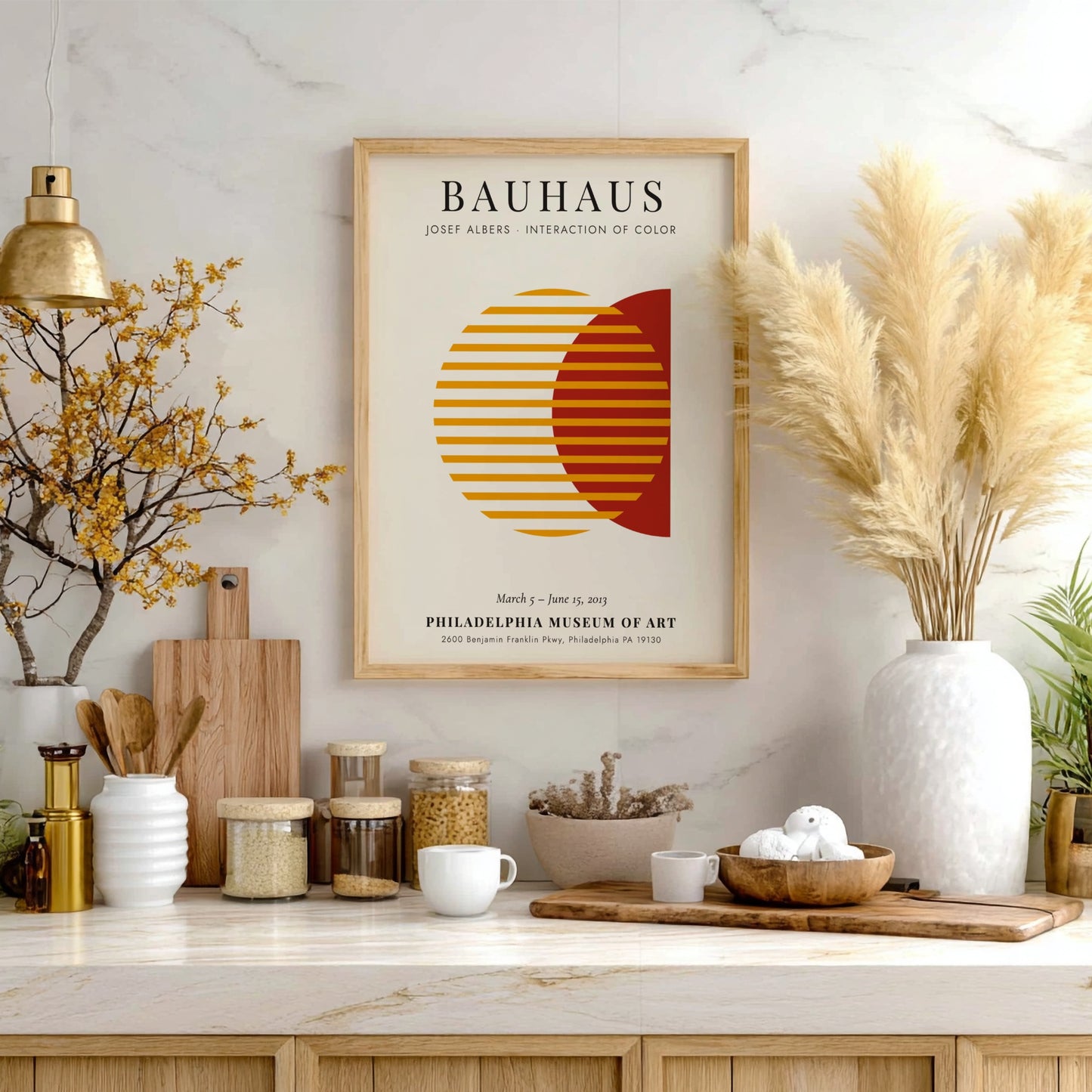 Bauhaus poster featuring Josef Albers' color interaction, geometric design with warm hues and modern style.